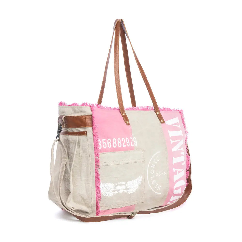 Myra Queen Creek Weekender Bag in Pink - Spacious Leather Travel Tote with Patchwork, Leather Handles, and Playful Retro Vibes Myra USA