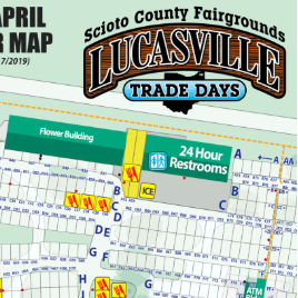 Map of Midway Field at Lucasville Trade Days with various sections and activities labeled.