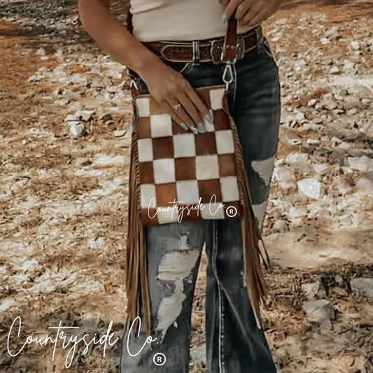 Stockdale Checkered Cowhide Fringe Purse Countryside Co.