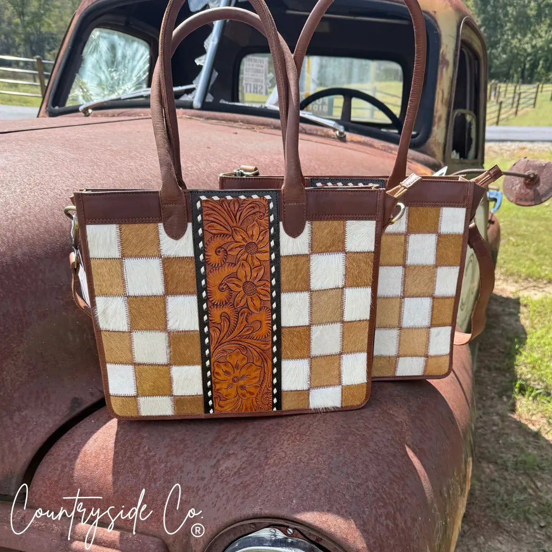 Virginia Cowhide Checkered Concealed Carry Tote Handbag Countryside Co.