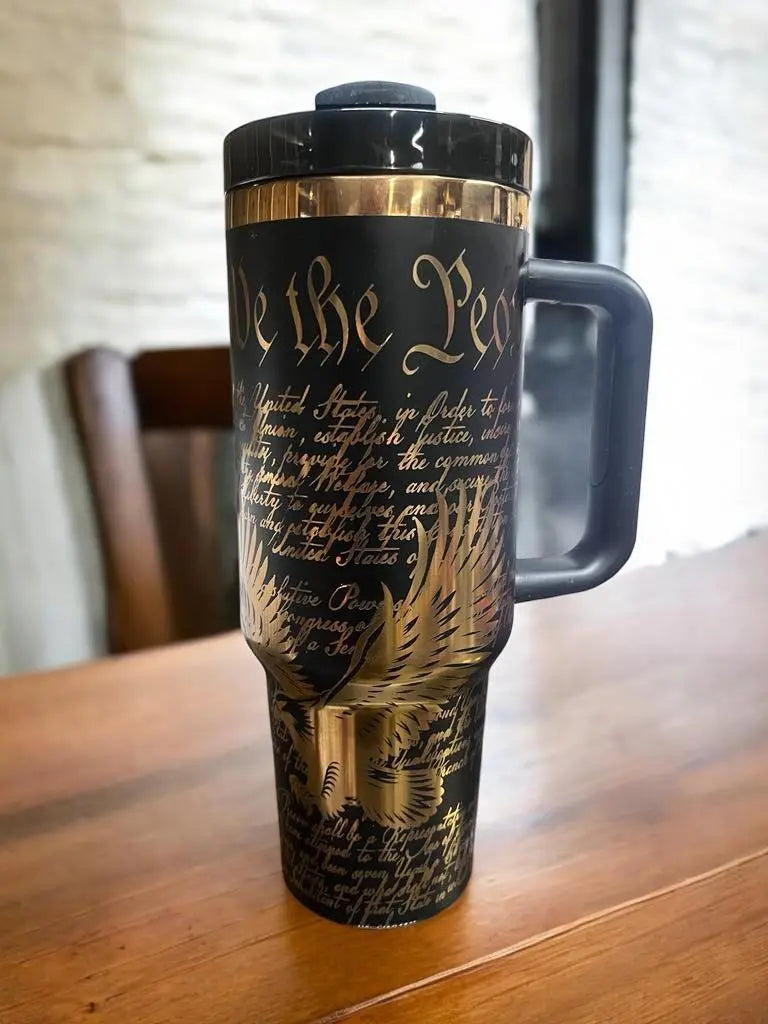 Patriotic 40oz Laser-Engraved Black Tumbler – American Flag & Constitution Design – Customizable USA-Themed Gift Handmadeohio