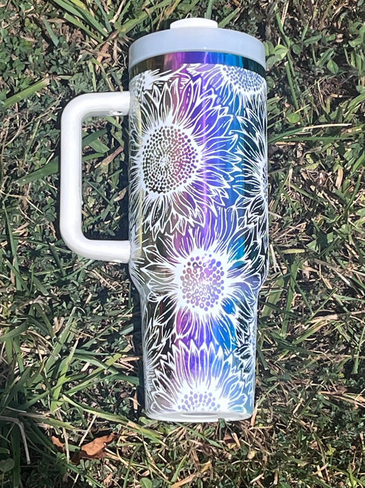 Rainbow Mirror Sunflower Tumbler - Laser Engraved 40oz Handmadeohio