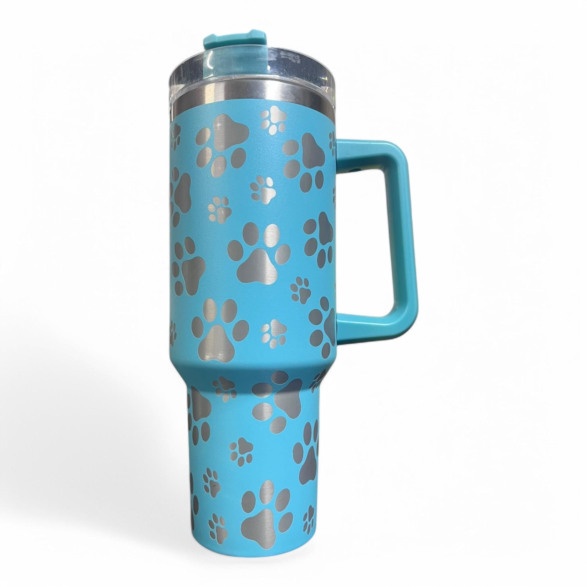 40oz Blue Tumbler - Laser-Etched Paw Print Design | Pet Lover Gift