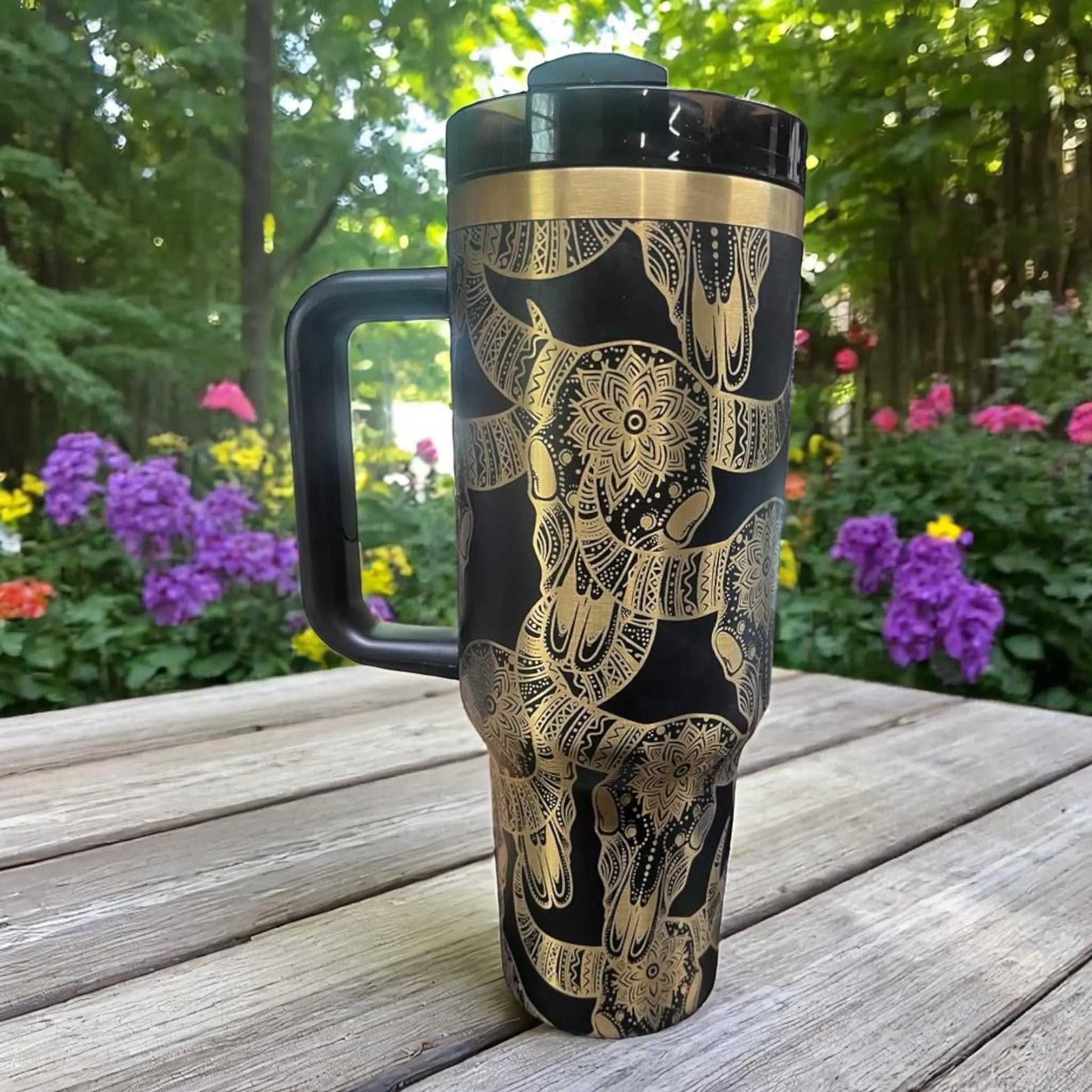Engraved Gold Longhorn Skull Tumbler: Black Insulated 40oz Western Drinkware Handmadeohio