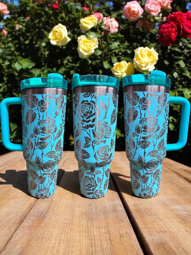 Teal Rose Tumbler: Gold Engraved Stainless Steel 40oz Cup Handmadeohio