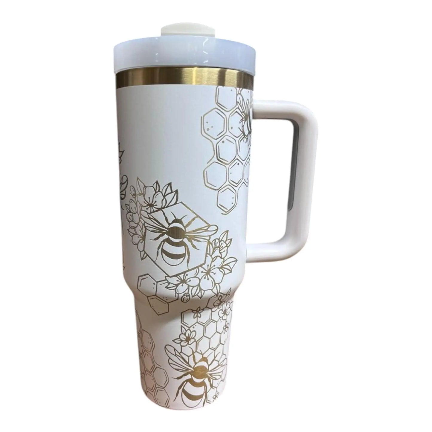 Cream 40oz Tumbler: Gold Bee Laser Engraved Insulated Drinkware Handmadeohio