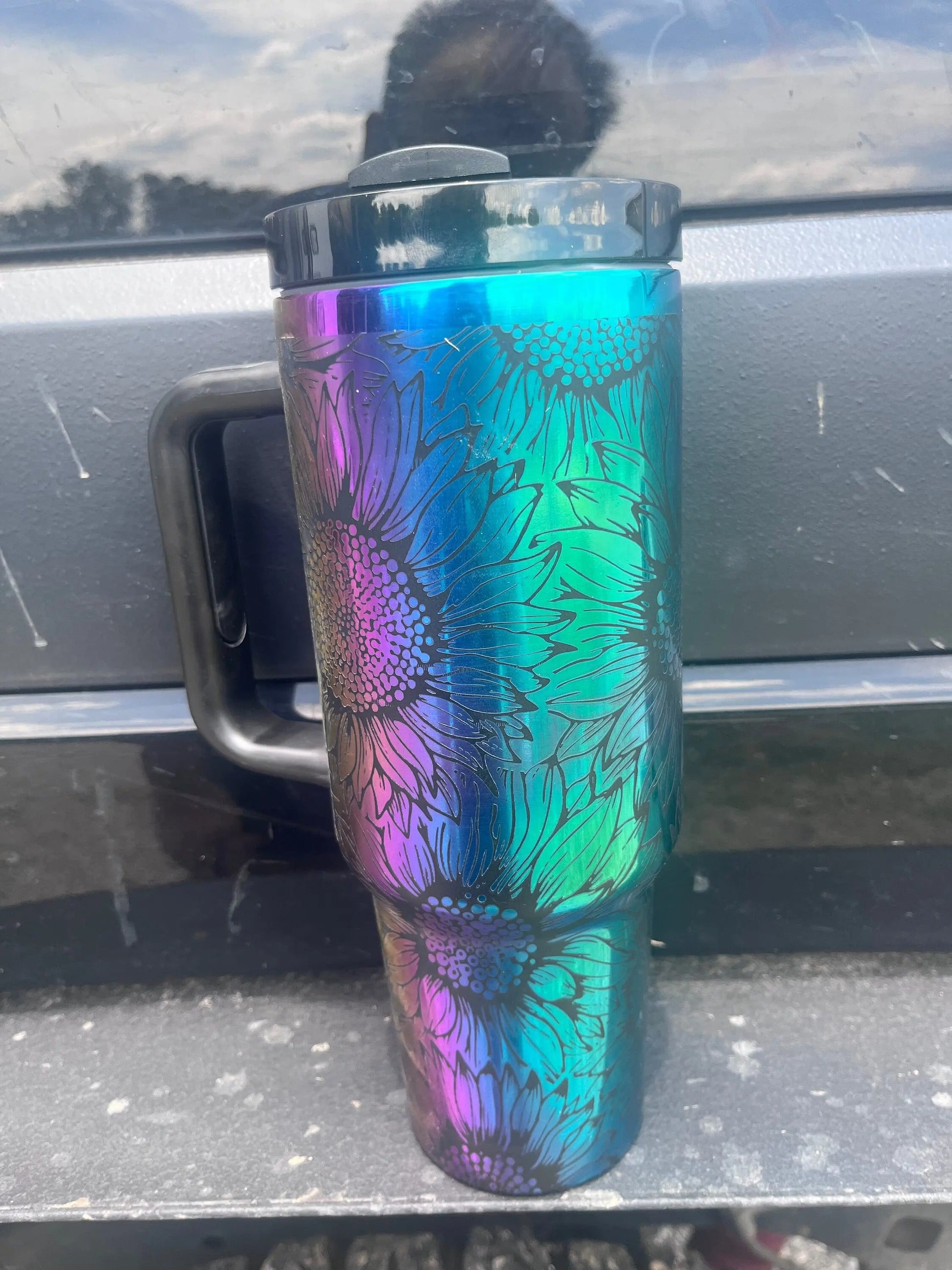 Rainbow Mirror Sunflower Tumbler - Laser Engraved 40oz Handmadeohio