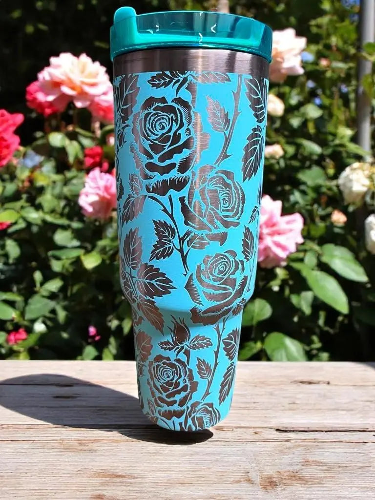 Teal Rose Tumbler: Gold Engraved Stainless Steel 40oz Cup Handmadeohio