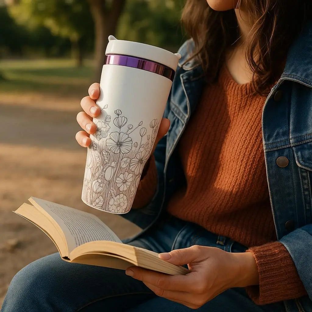 Floral 40oz Tumbler: White Insulated Cup with Purple Flowers Handmadeohio