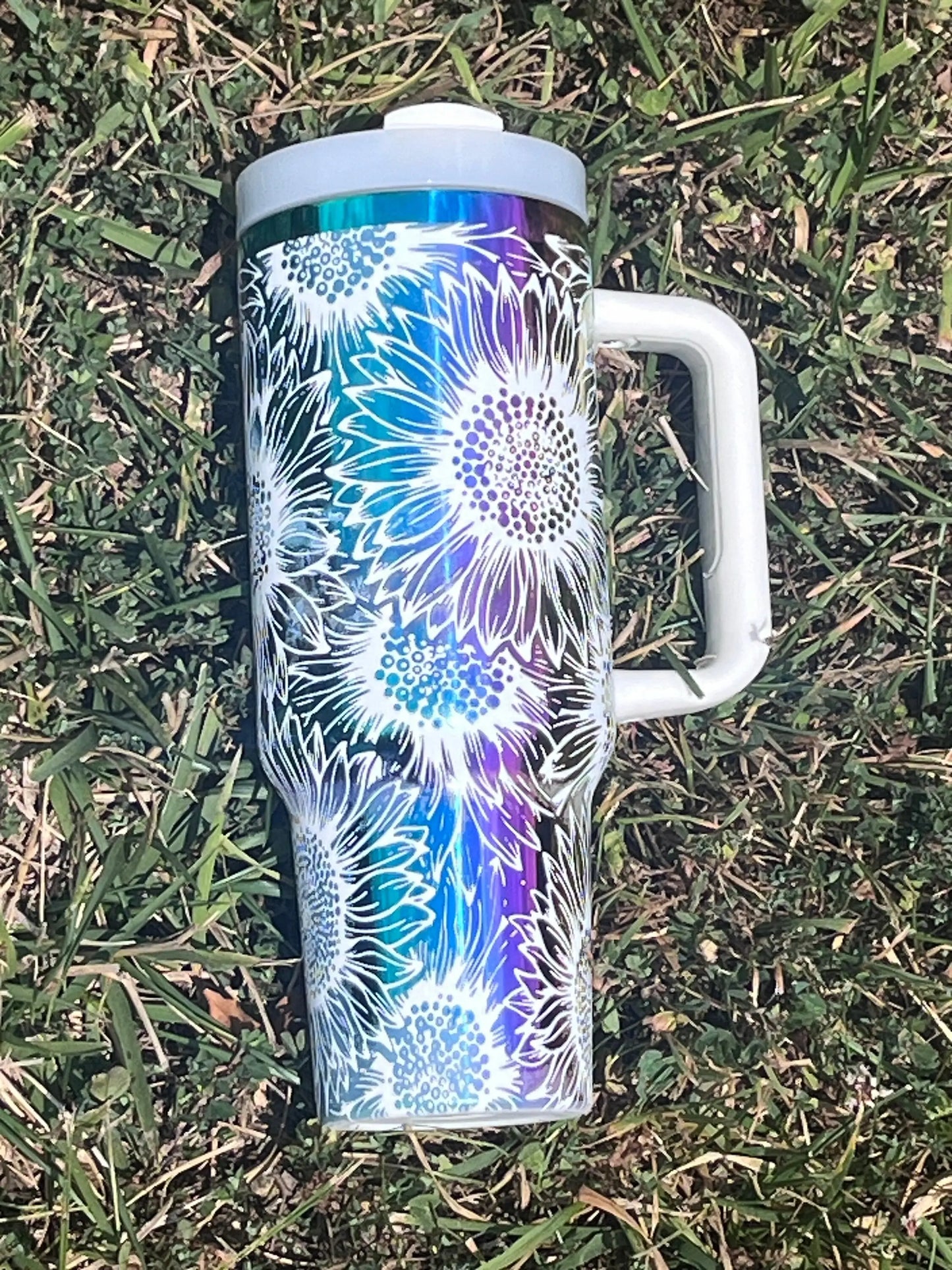 Rainbow Mirror Sunflower Tumbler - Laser Engraved 40oz Handmadeohio