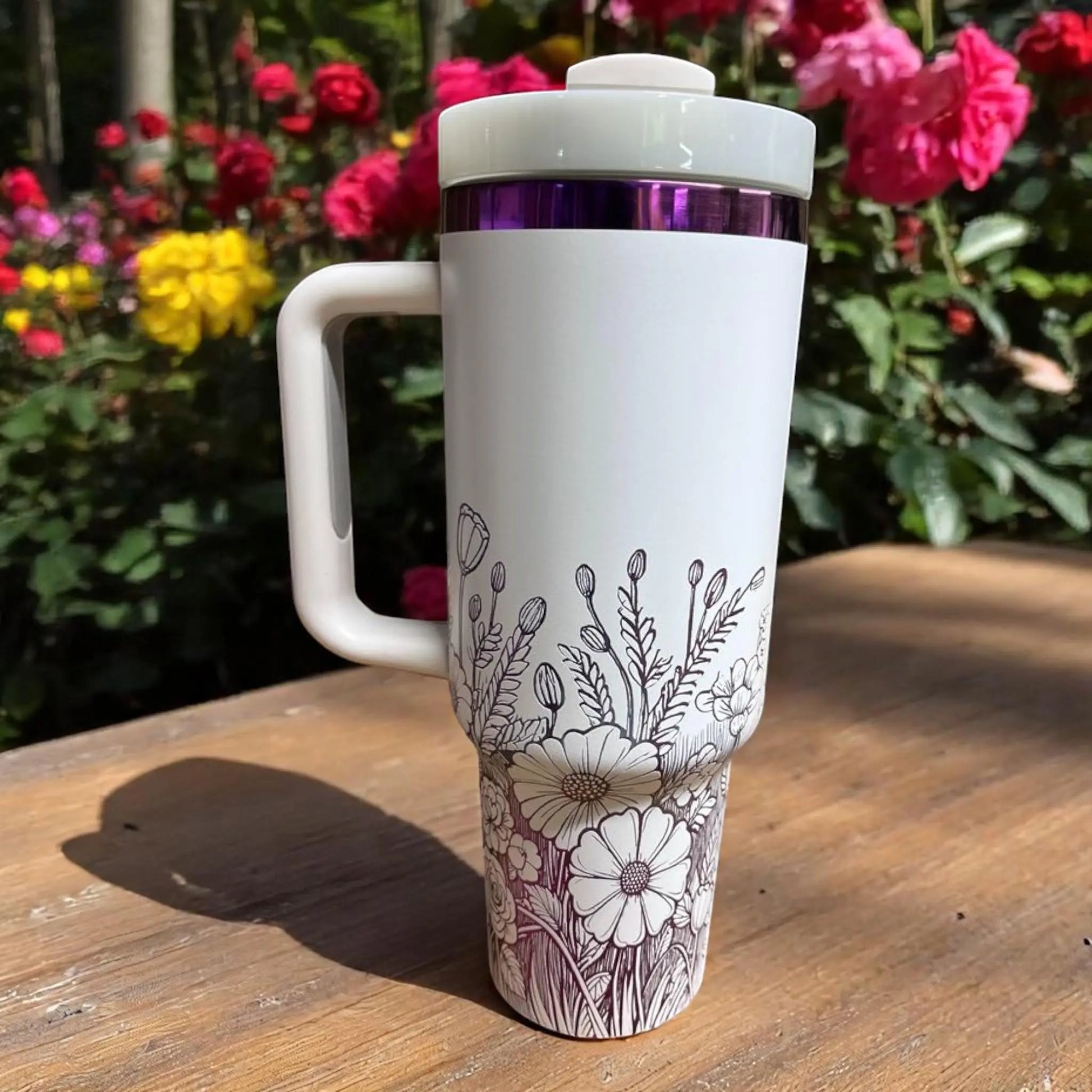 Floral 40oz Tumbler: White Insulated Cup with Purple Flowers Handmadeohio