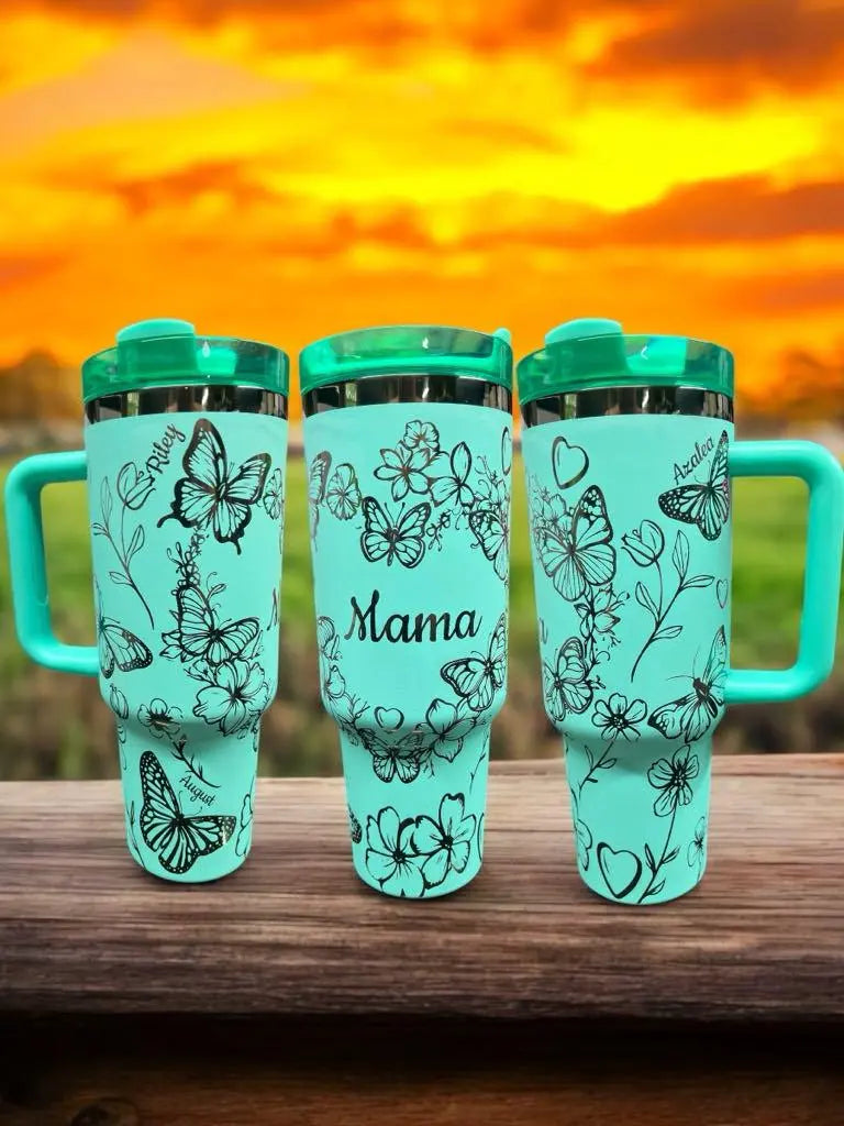 40oz Teal Mama Butterfly Tumbler, Personalized with Kids' Names, Unique Mother's Day Gift Handmadeohio