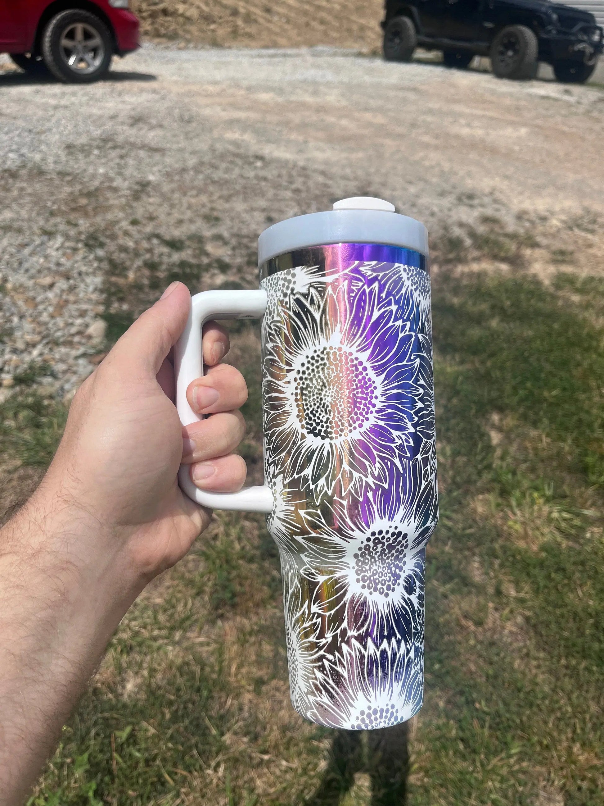 Rainbow Mirror Sunflower Tumbler - Laser Engraved 40oz Handmadeohio