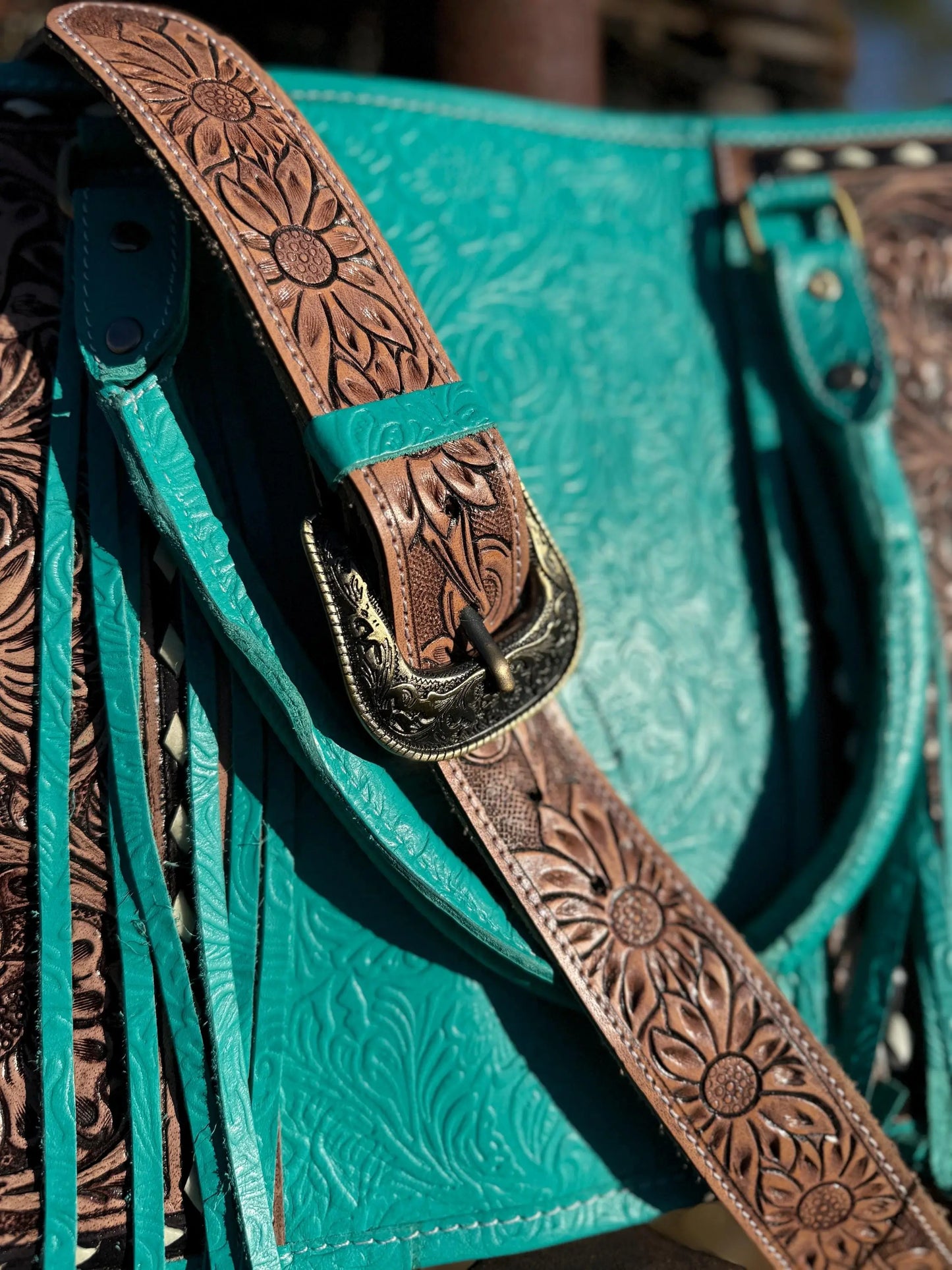 Genuine Western Leather Turquoise laptop messenger briefcase bag with tooled and embossed leather  by Double B Wild Rags CONCEAL and CARRY Double B Wild Rags