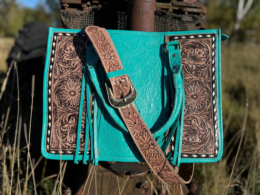 Genuine Western Leather Turquoise laptop messenger briefcase bag with tooled and embossed leather  by Double B Wild Rags CONCEAL and CARRY Double B Wild Rags