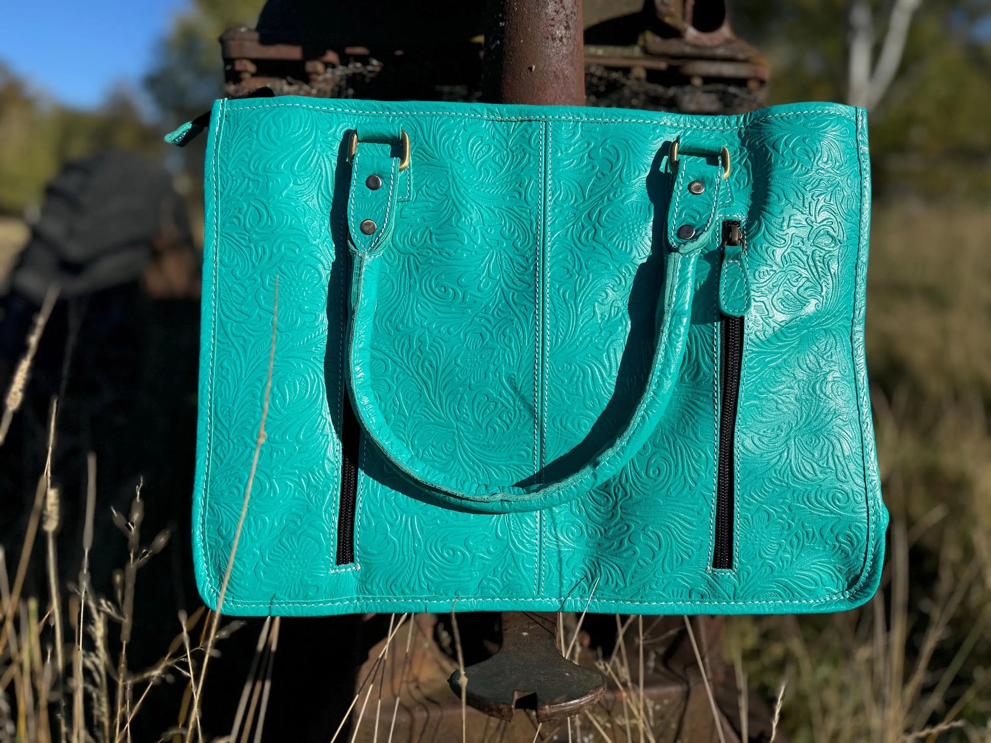 Genuine Western Leather Turquoise laptop messenger briefcase bag with tooled and embossed leather  by Double B Wild Rags CONCEAL and CARRY Double B Wild Rags