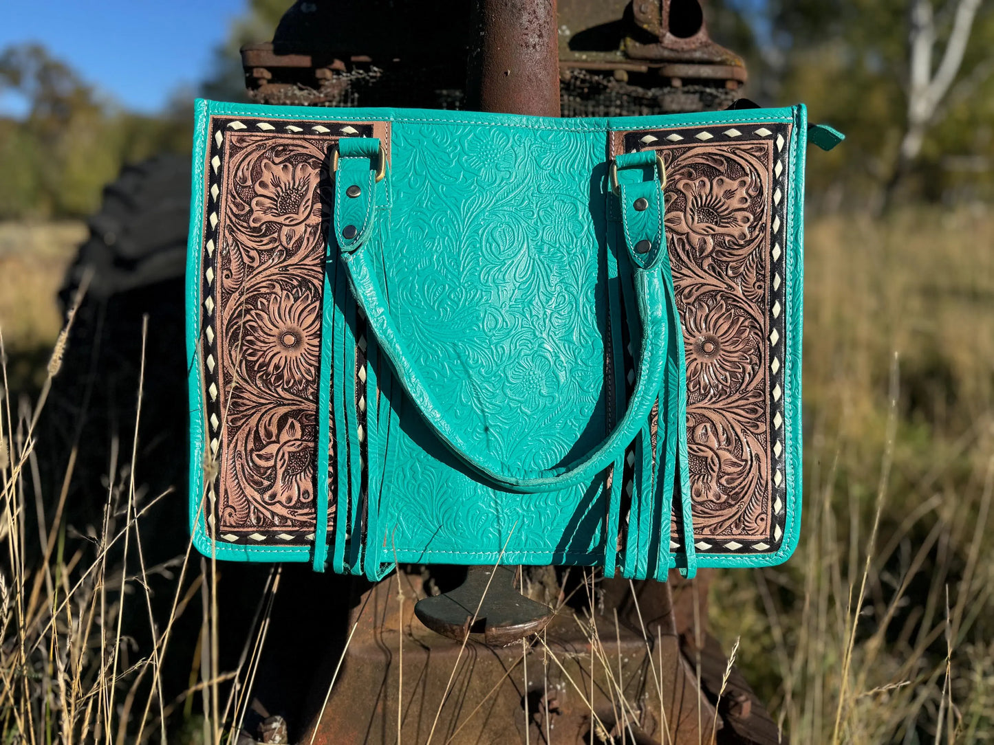 Genuine Western Leather Turquoise laptop messenger briefcase bag with tooled and embossed leather  by Double B Wild Rags CONCEAL and CARRY Double B Wild Rags