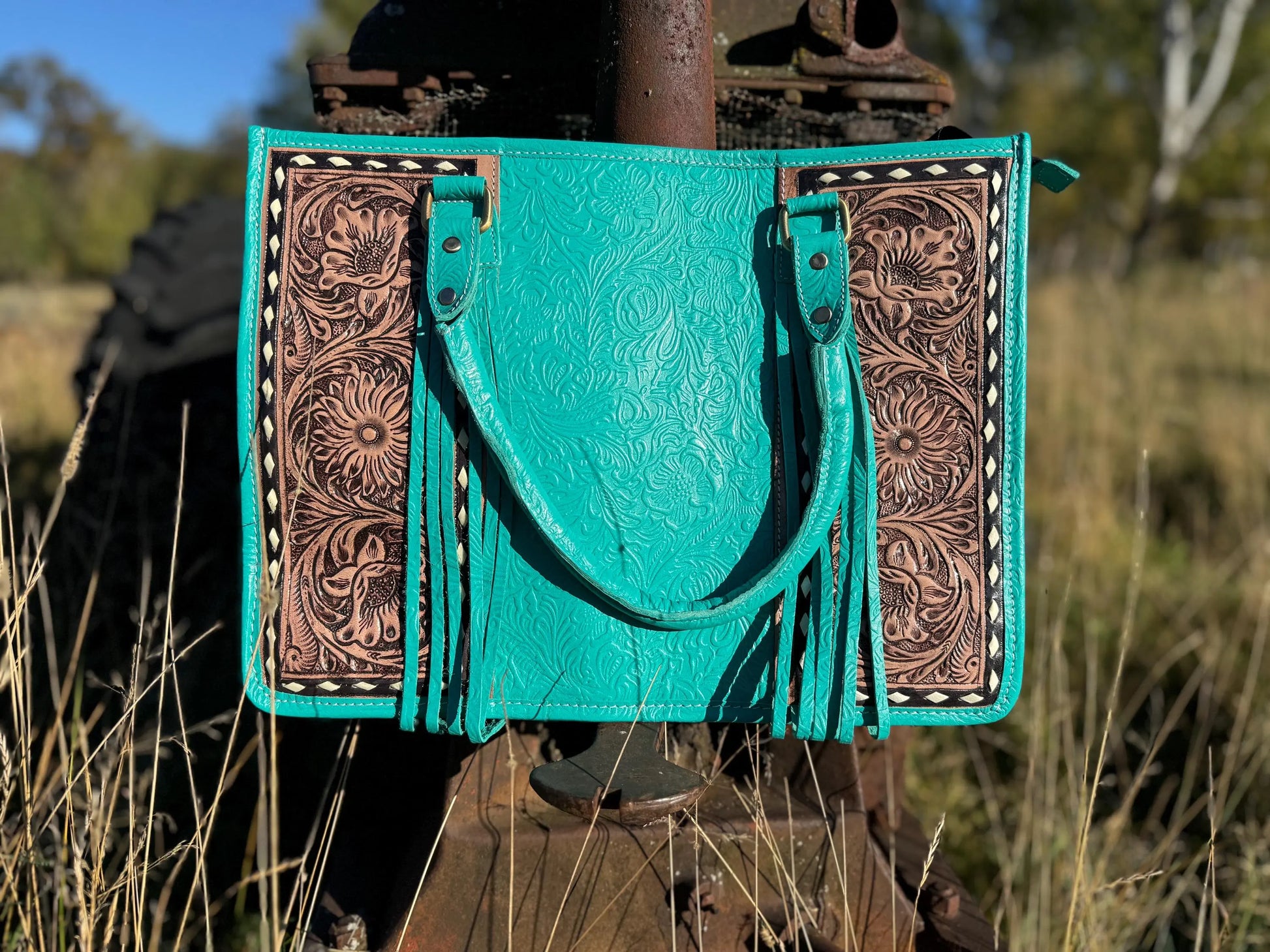 Genuine Western Leather Turquoise laptop messenger briefcase bag with tooled and embossed leather  by Double B Wild Rags CONCEAL and CARRY Double B Wild Rags
