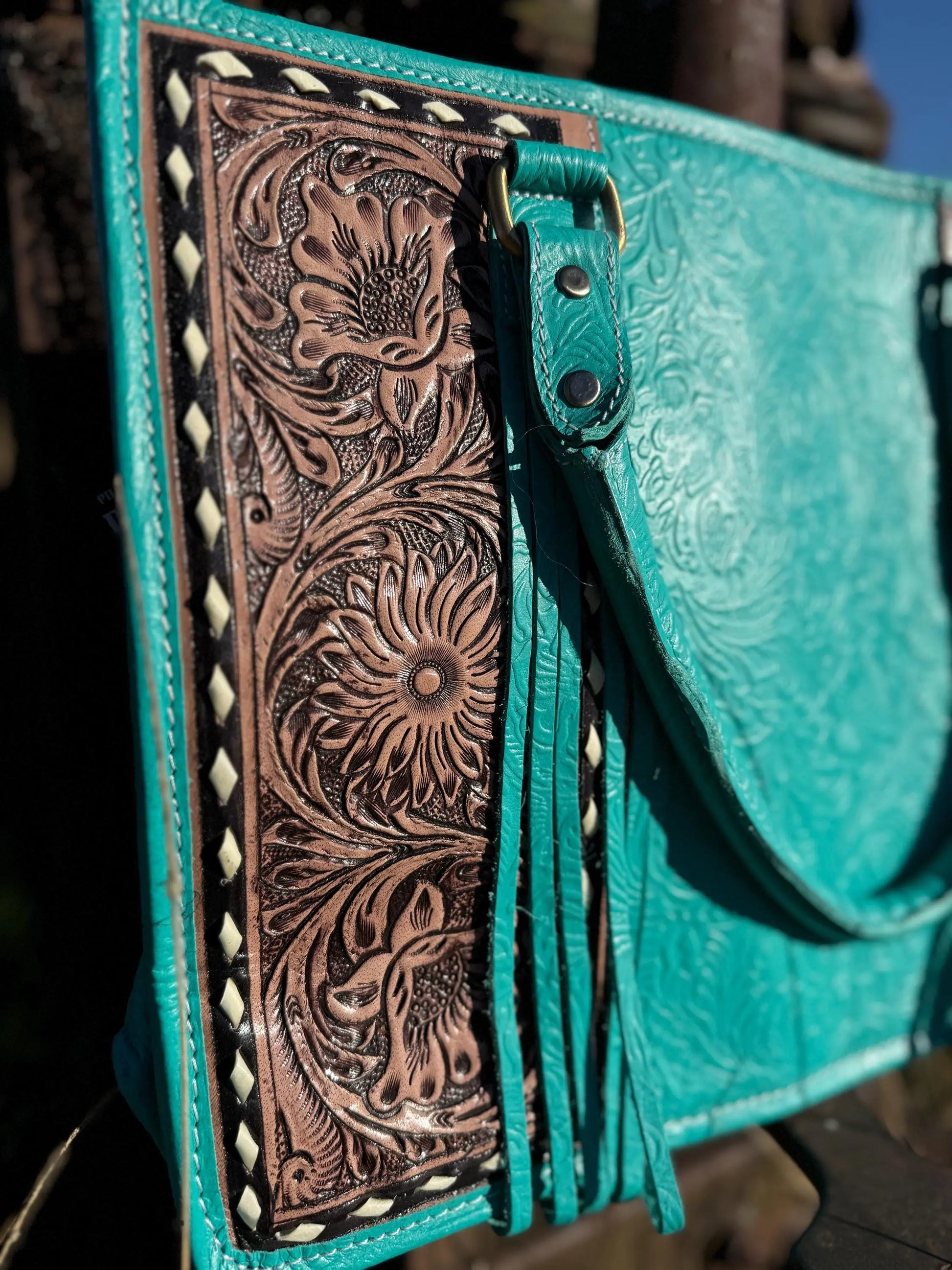 Genuine Western Leather Turquoise laptop messenger briefcase bag with tooled and embossed leather  by Double B Wild Rags CONCEAL and CARRY Double B Wild Rags