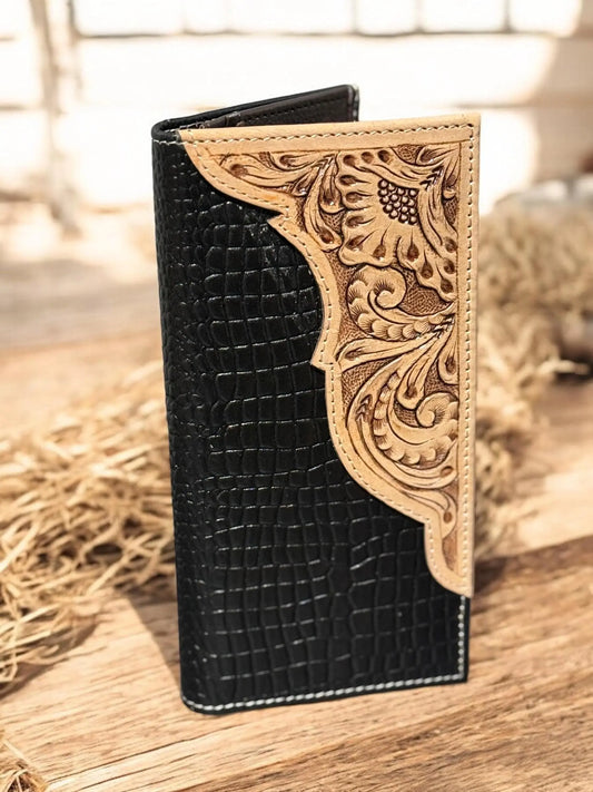 Black and Tan Western Cowboy Checkbook wallet tooled and embossed leather by Double B Wild Rags Double B Wild Rags