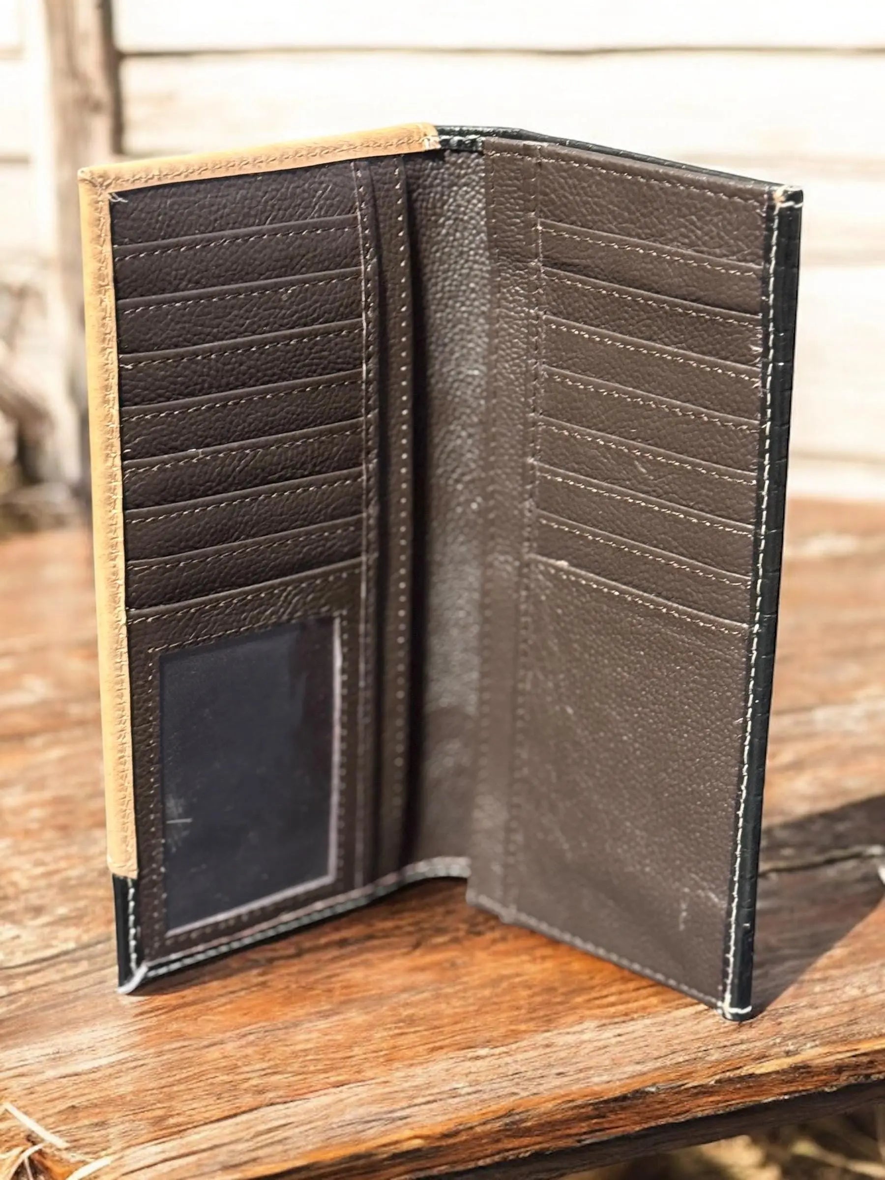Black and Tan Western Cowboy Checkbook wallet tooled and embossed leather by Double B Wild Rags Double B Wild Rags