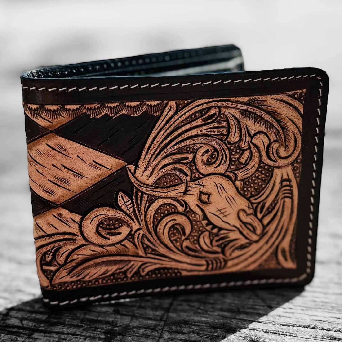 Men’s Western bi-fold wallet tooled floral Cow Skull Aces Cards details by Double B Wild Rags Double B Wild Rags
