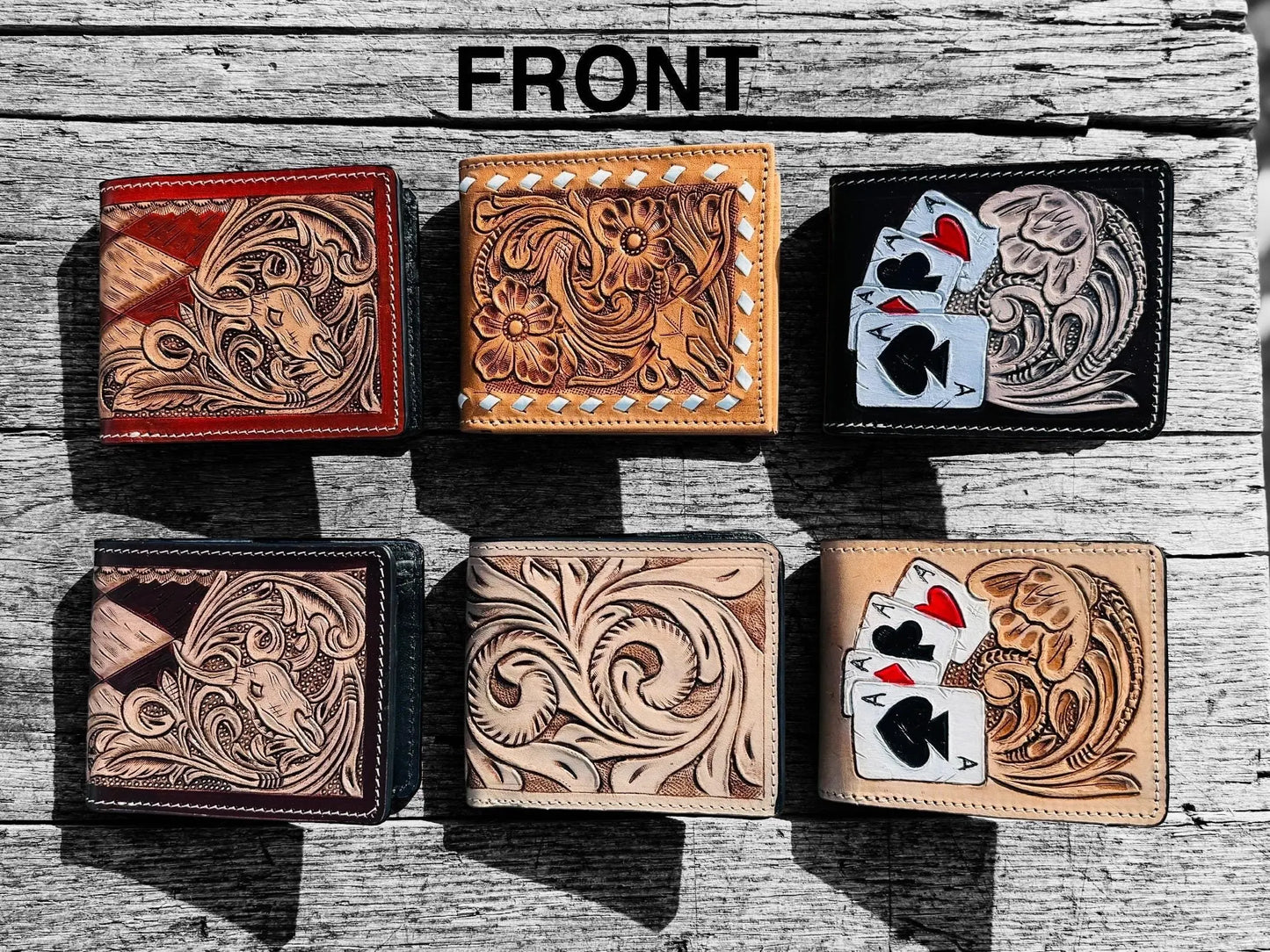 Men’s Western bi-fold wallet tooled floral Cow Skull Aces Cards details by Double B Wild Rags Double B Wild Rags