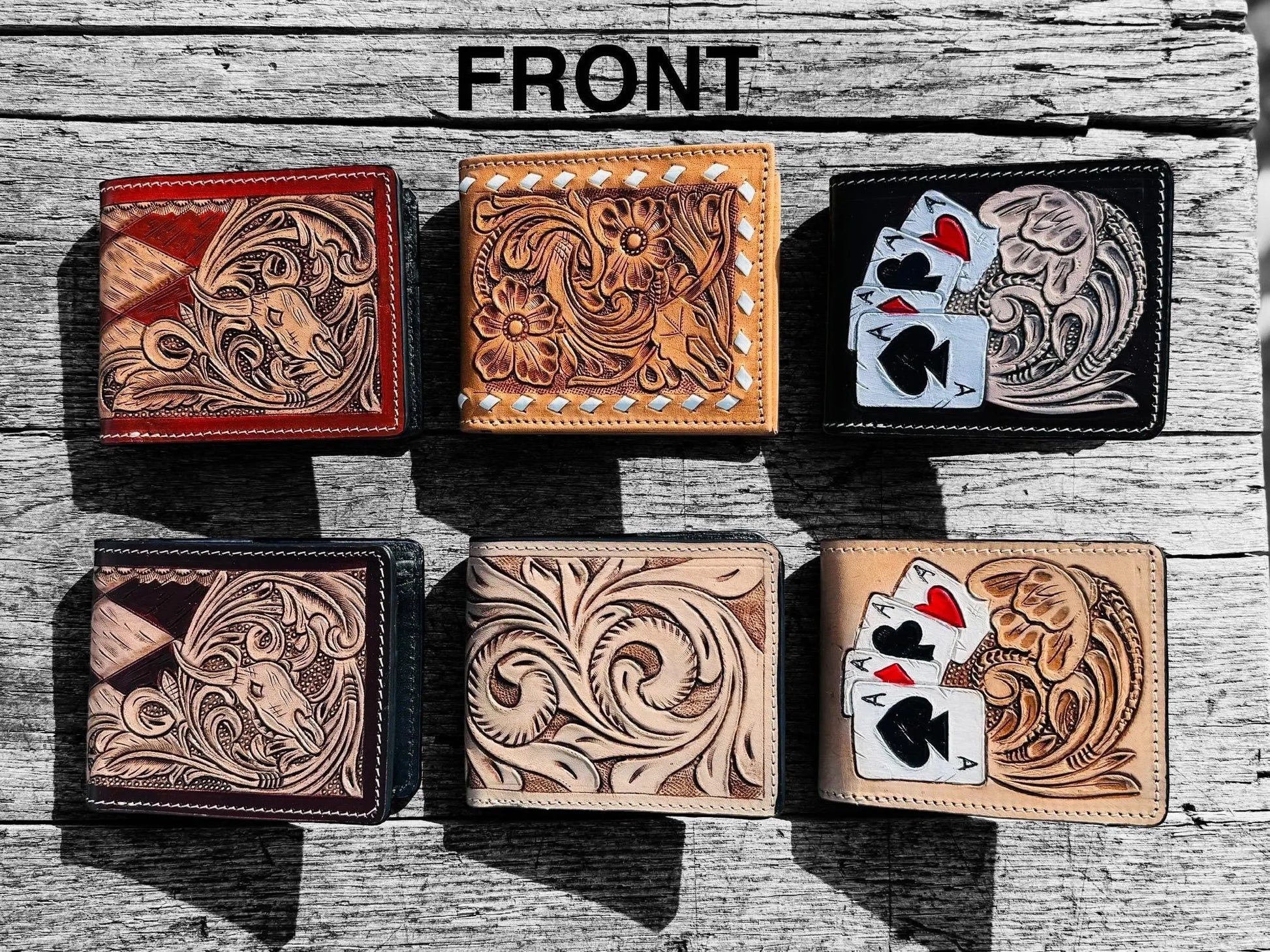 Men’s Western bi-fold wallet tooled floral Cow Skull Aces Cards details by Double B Wild Rags Double B Wild Rags