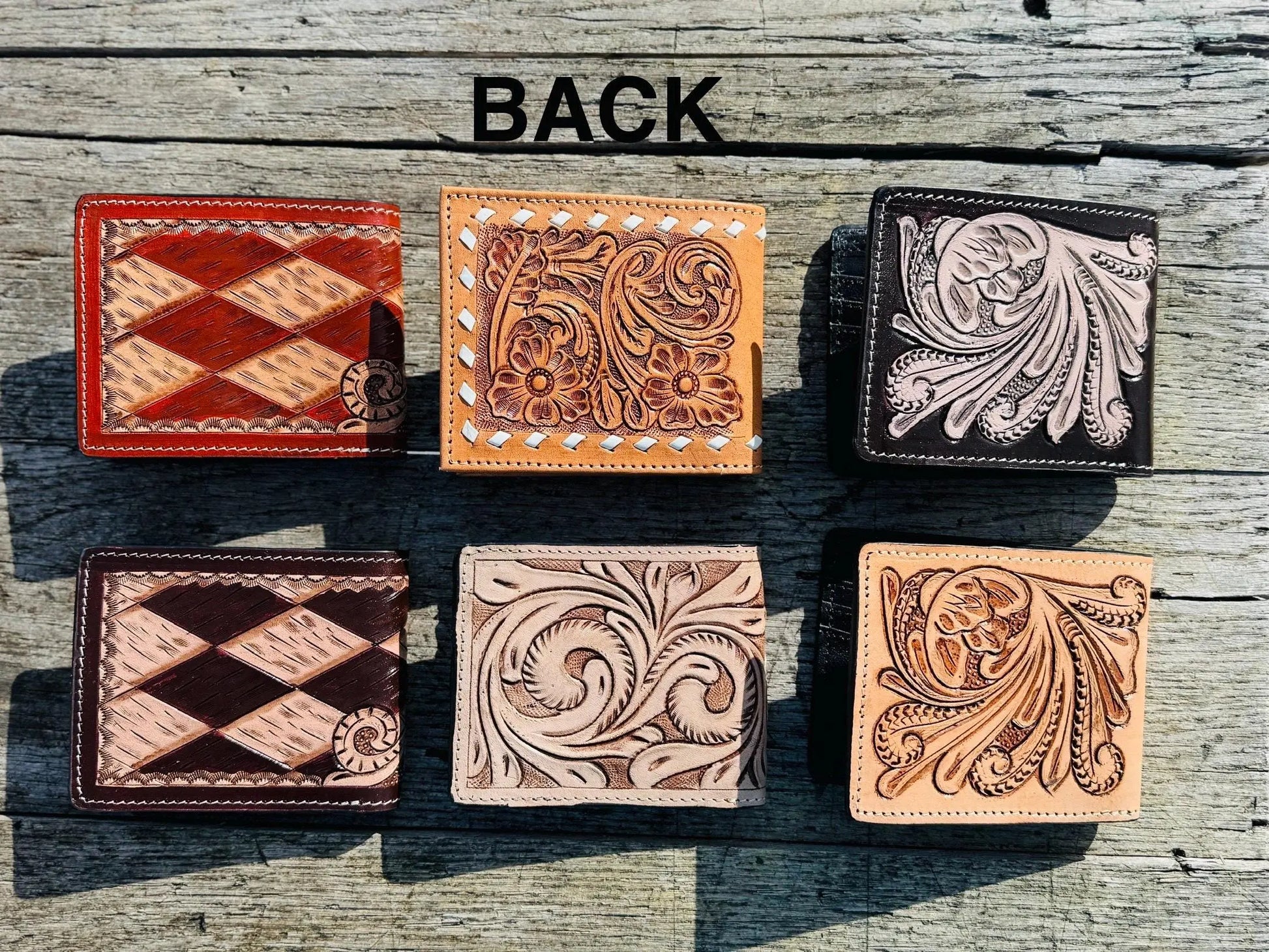 Men’s Western bi-fold wallet tooled floral Cow Skull Aces Cards details by Double B Wild Rags Double B Wild Rags