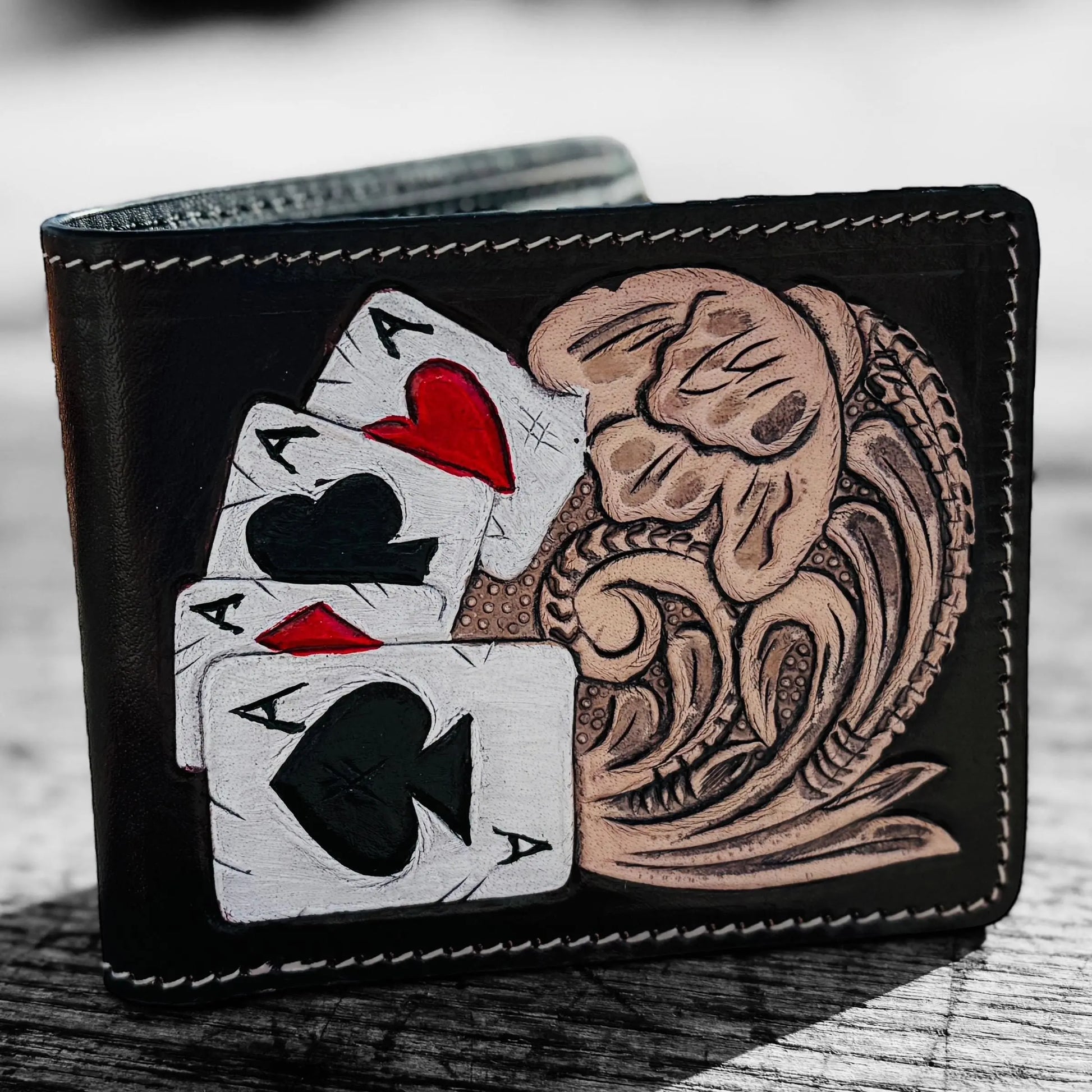 Men’s Western bi-fold wallet tooled floral Cow Skull Aces Cards details by Double B Wild Rags Double B Wild Rags