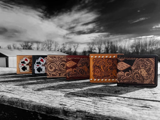 Men’s Western bi-fold wallet tooled floral Cow Skull Aces Cards details by Double B Wild Rags Double B Wild Rags