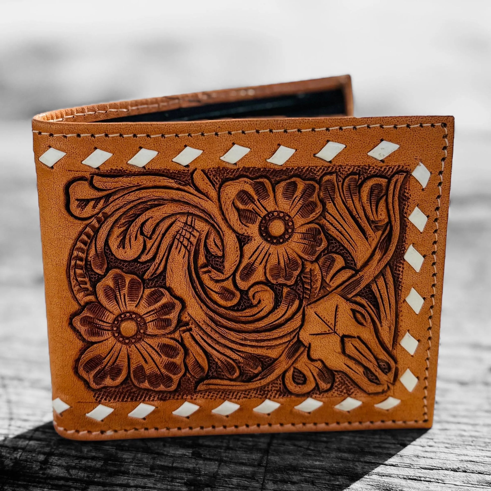 Men’s Western bi-fold wallet tooled floral Cow Skull Aces Cards details by Double B Wild Rags Double B Wild Rags