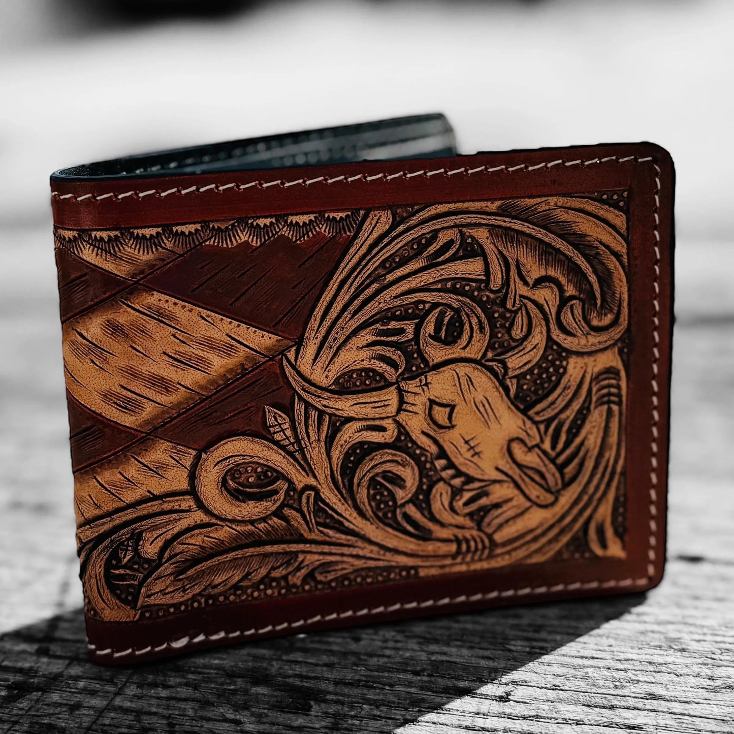 Men’s Western bi-fold wallet tooled floral Cow Skull Aces Cards details by Double B Wild Rags Double B Wild Rags