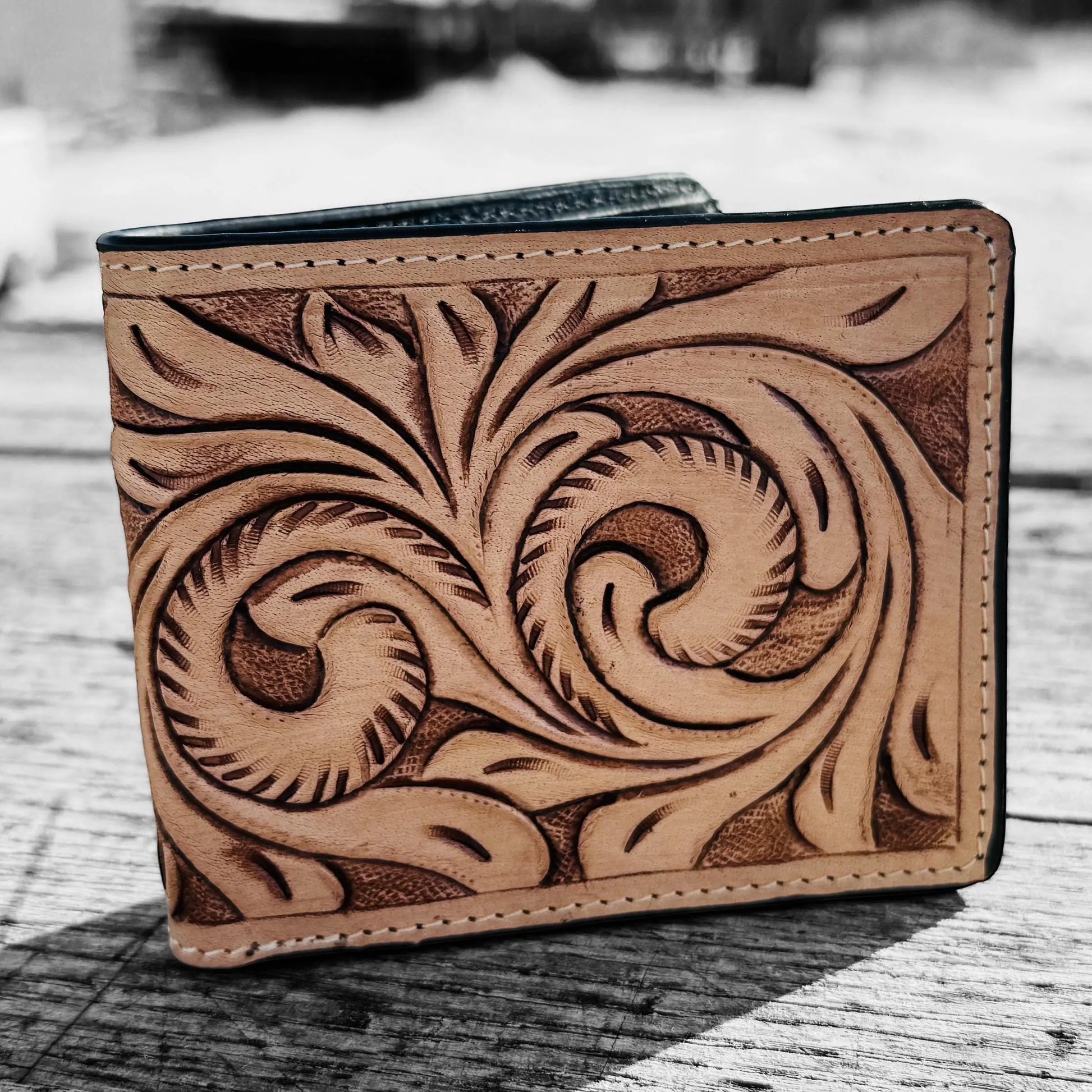 Men’s Western bi-fold wallet tooled floral Cow Skull Aces Cards details by Double B Wild Rags Double B Wild Rags