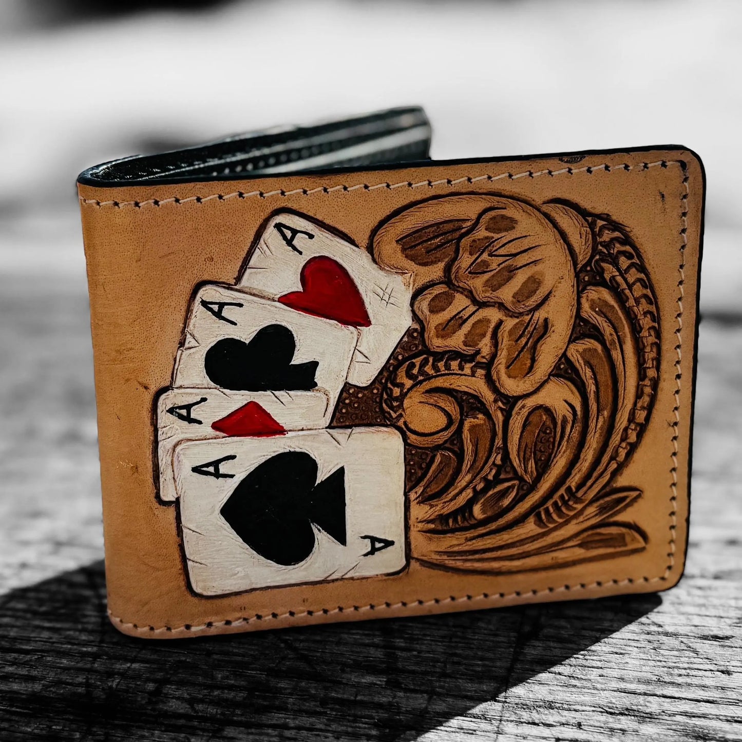 Men’s Western bi-fold wallet tooled floral Cow Skull Aces Cards details by Double B Wild Rags Double B Wild Rags