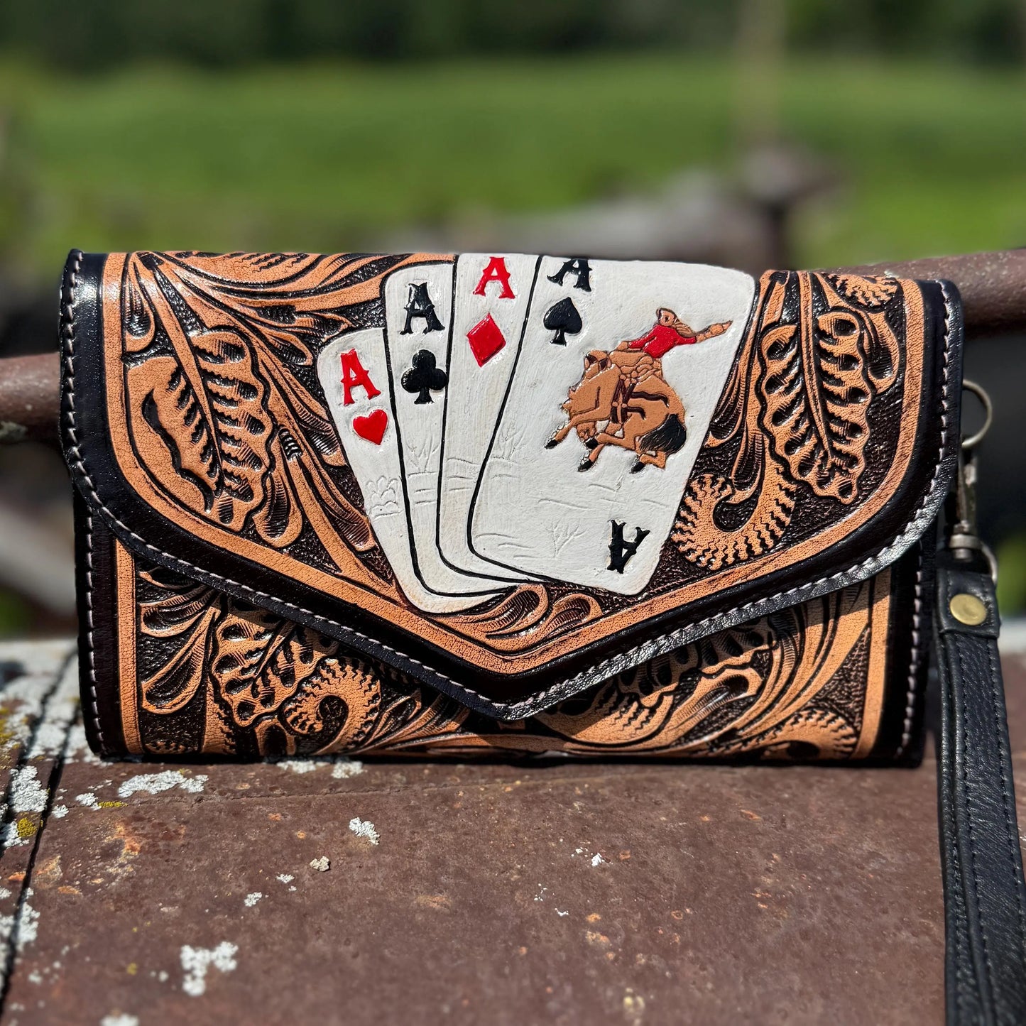 Genuine Western Cowhide Leather Purse and Clutch with Ace Cards and Dice painted details a Double B Wild Rags Exclusive Double B Wild Rags