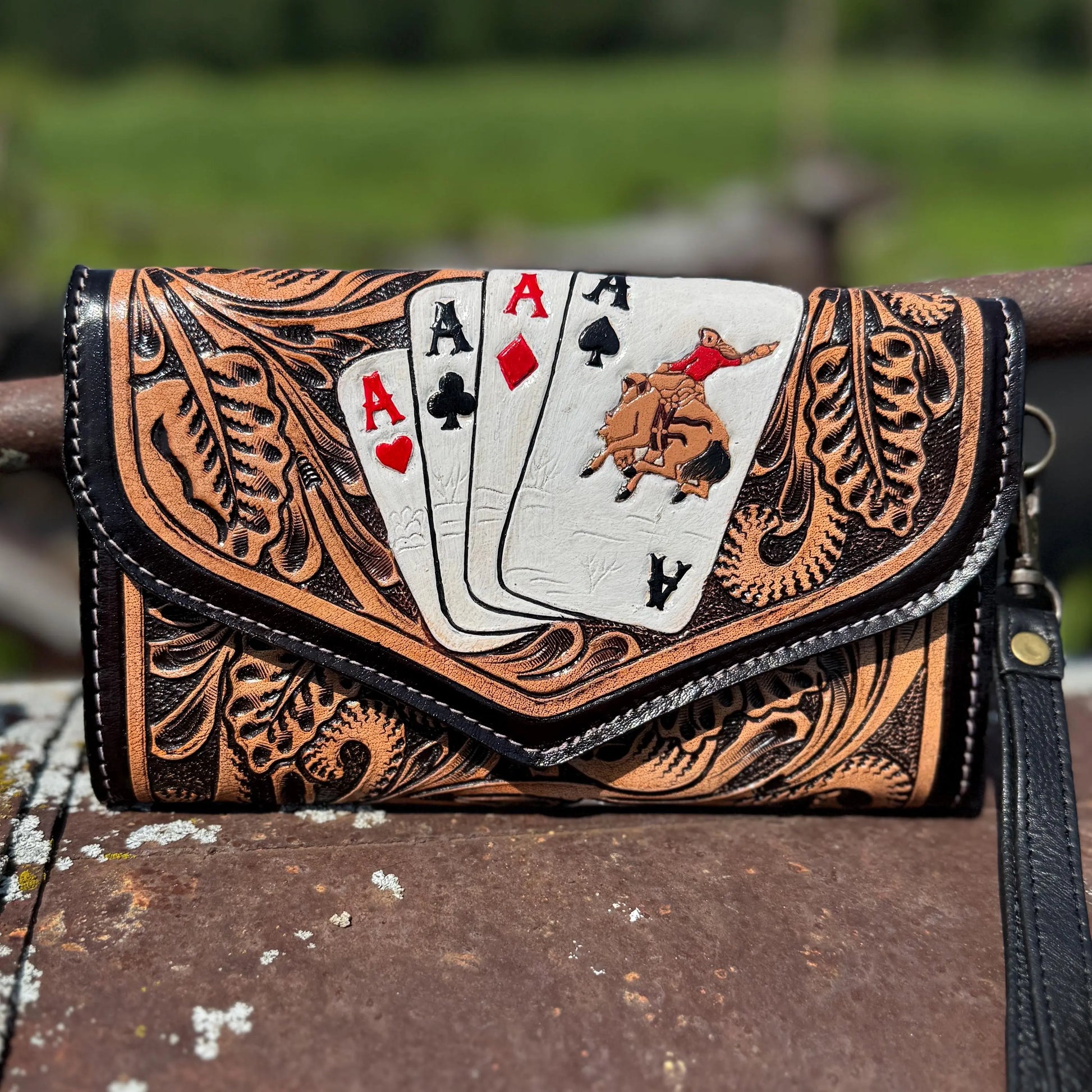 Genuine Western Cowhide Leather Purse and Clutch with Ace Cards and Dice painted details a Double B Wild Rags Exclusive Double B Wild Rags