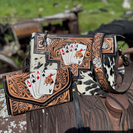 Genuine Western Cowhide Leather Purse and Clutch with Ace Cards and Dice painted details a Double B Wild Rags Exclusive Double B Wild Rags