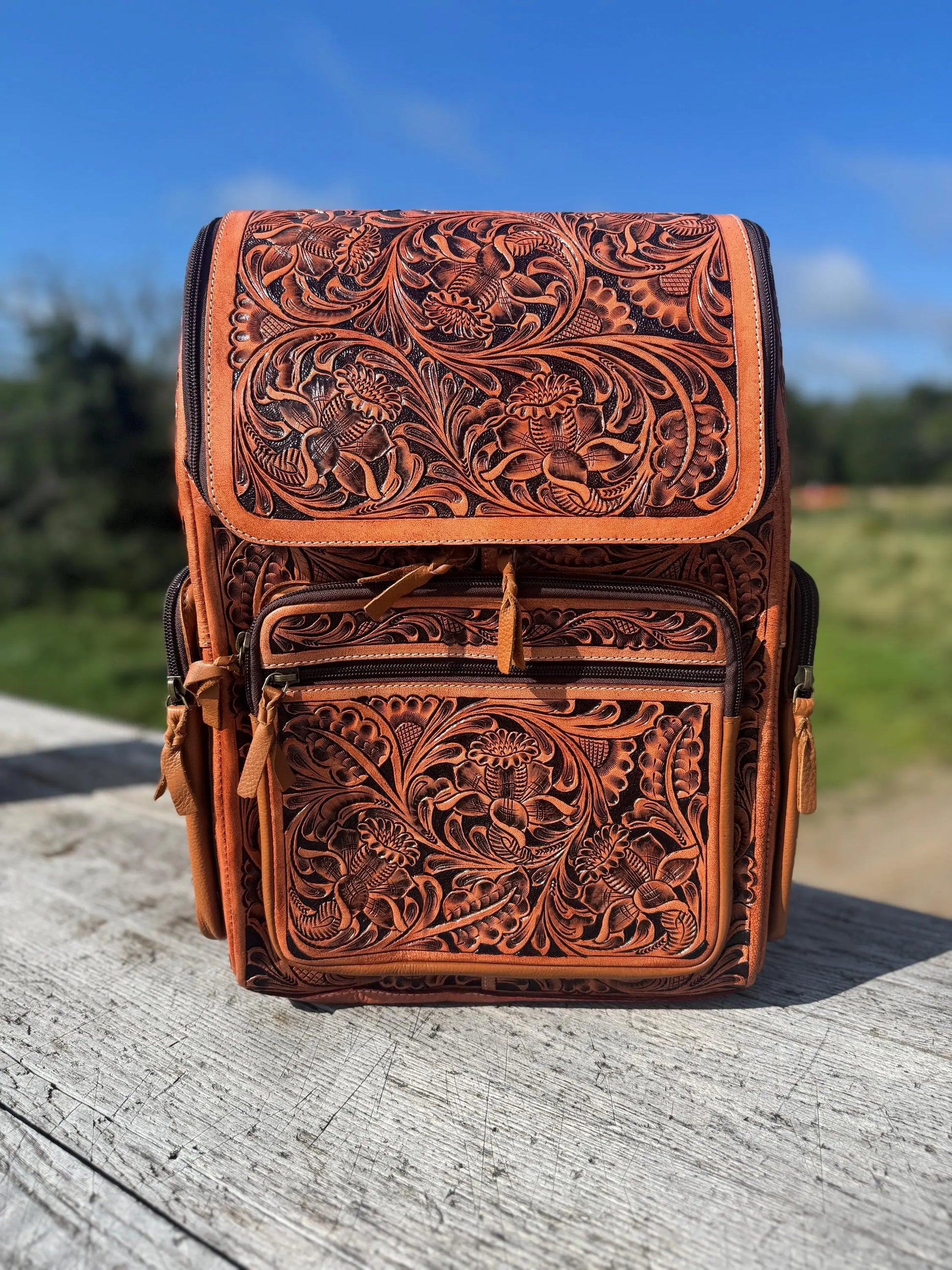 Fully Tooled Western Backpack Genuine Leather Diaper Bag Personal Item carry-on luggage by Double B Wild Rags Double B Wild Rags