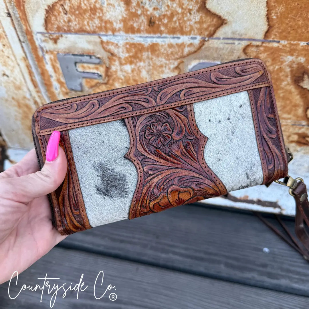 Lucille Cowhide Tooled Leather Wallet Wristlet Countryside Co.