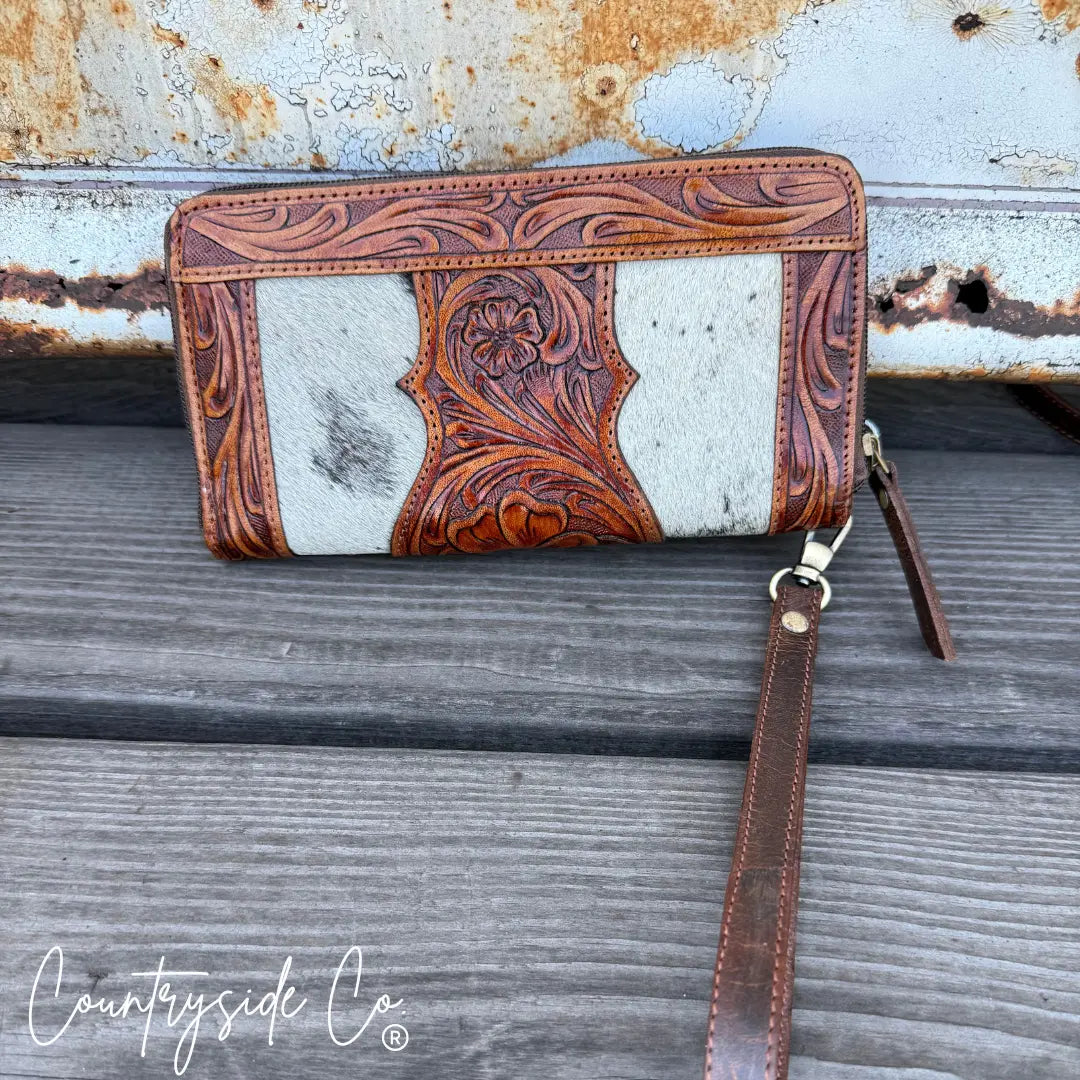 Lucille Cowhide Tooled Leather Wallet Wristlet Countryside Co.