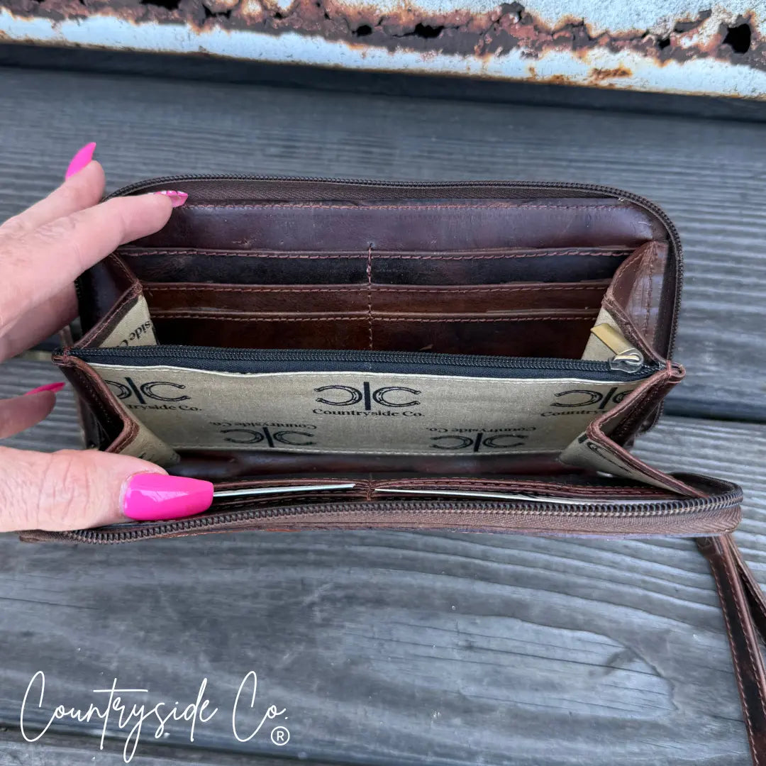 Lucille Cowhide Tooled Leather Wallet Wristlet Countryside Co.