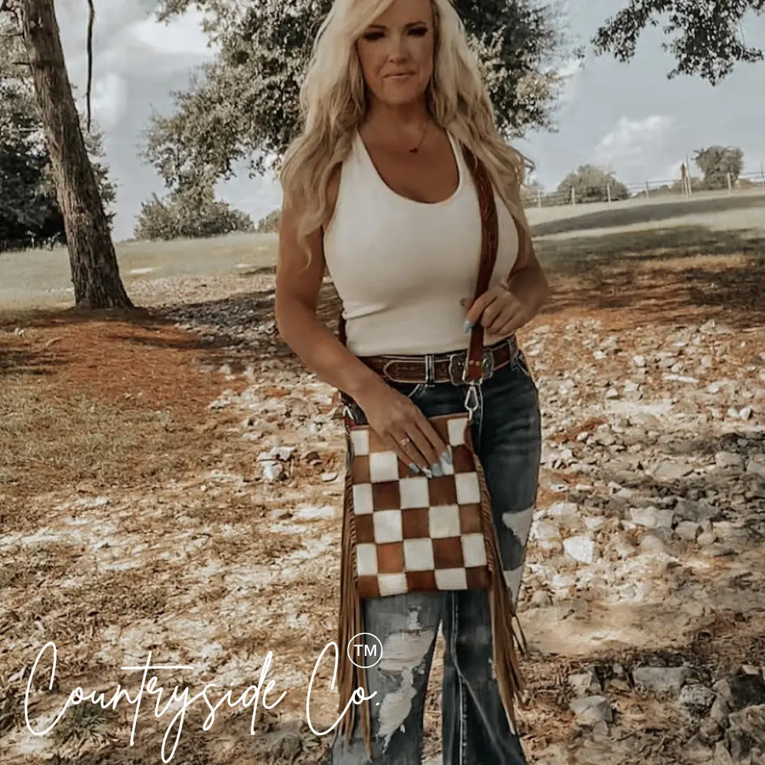 Stockdale Checkered Cowhide Fringe Purse Countryside Co.