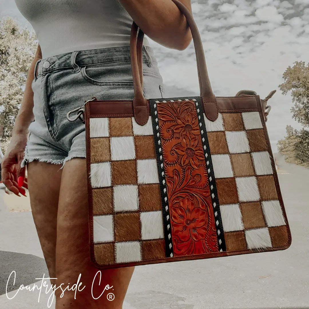 Virginia Cowhide Checkered Concealed Carry Tote Handbag Countryside Co.